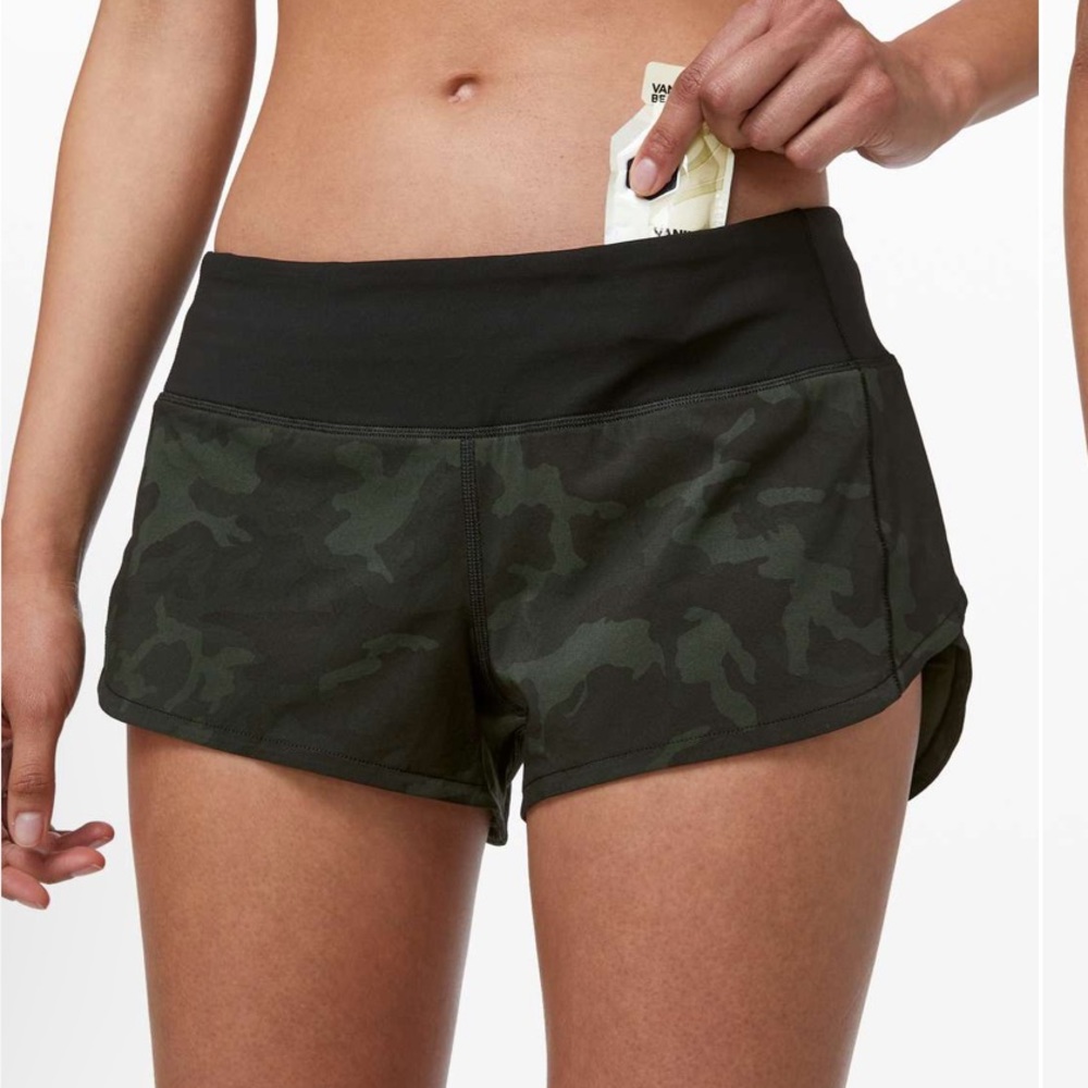 Lululemon speed up shorts in incognito camo multi gator green and black